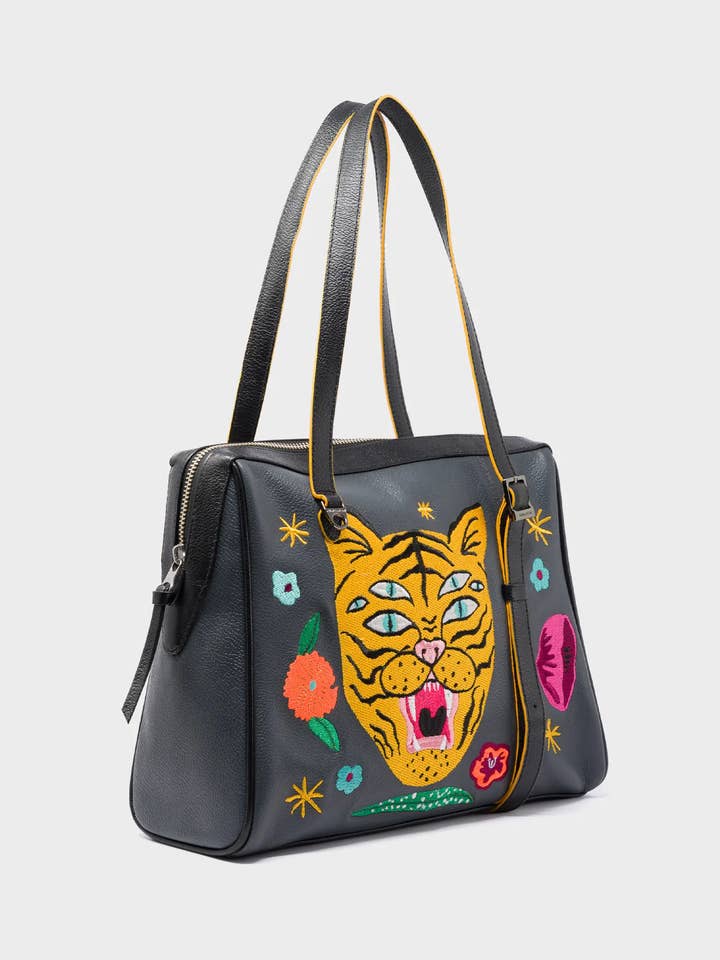 Esther Stormy Gray Satchel Bag - Happy Tiger Embroidery for wholesale by Min & Mon