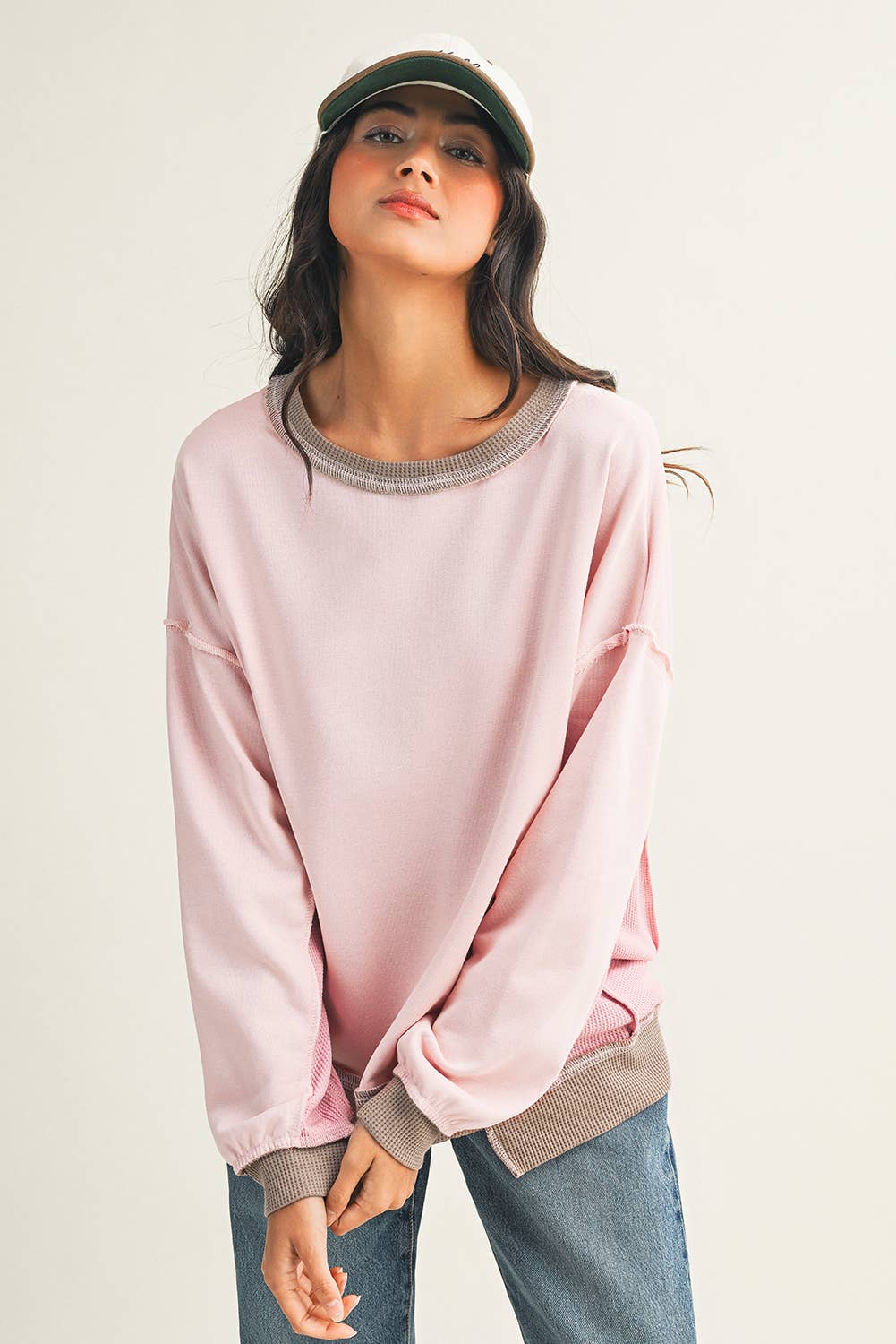 Little Daisy Closet - Wholesale Sweatshirt - Women's - Block Mix Texture Waffle Patchwork Oversize Sweatshirt 1