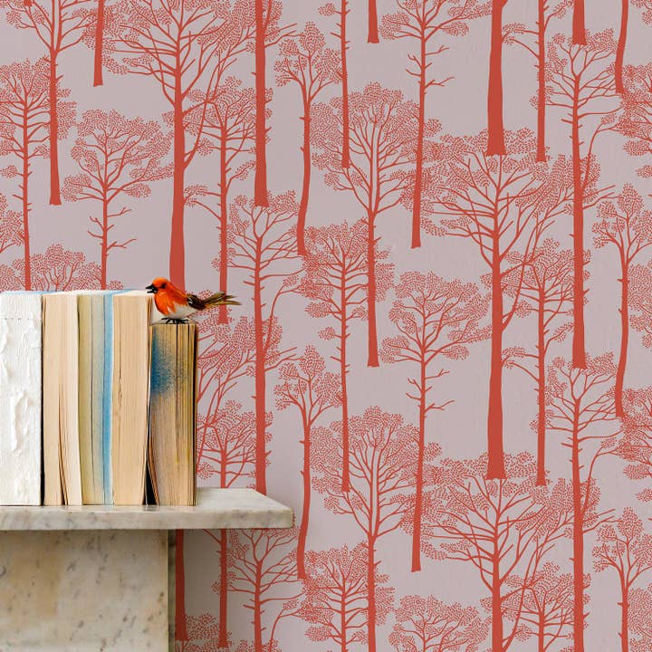 'Holkham Pine Woods' Wallpaper Sunrise Orange, 10m roll for wholesale on Faire