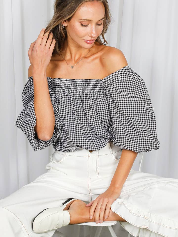 Gingham Bubble Short-Sleeve Elastic Smocked Blouse VT83161 for wholesale by Vine & Love