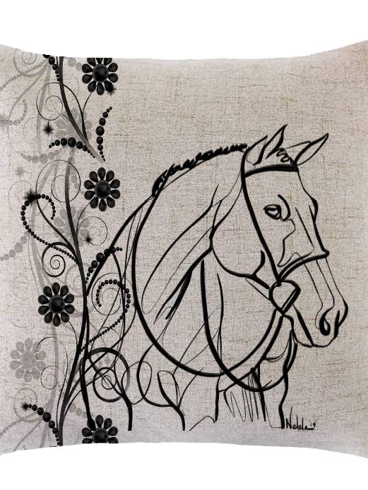 Equestrian LINEN PILLOW hunter head with flower border for wholesale by Noble Pony