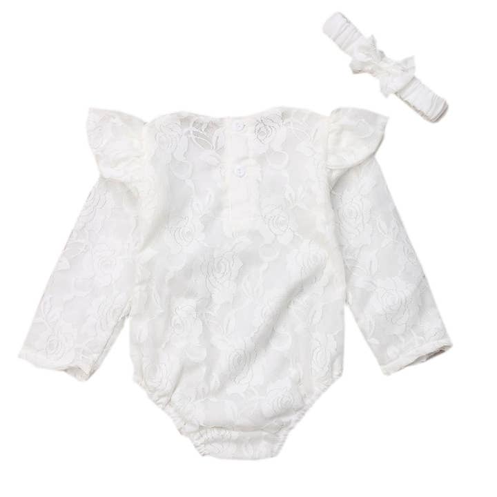 Fennco Styles - Wholesale Clothing Set - Baby - White Baby Romper & Headband 1