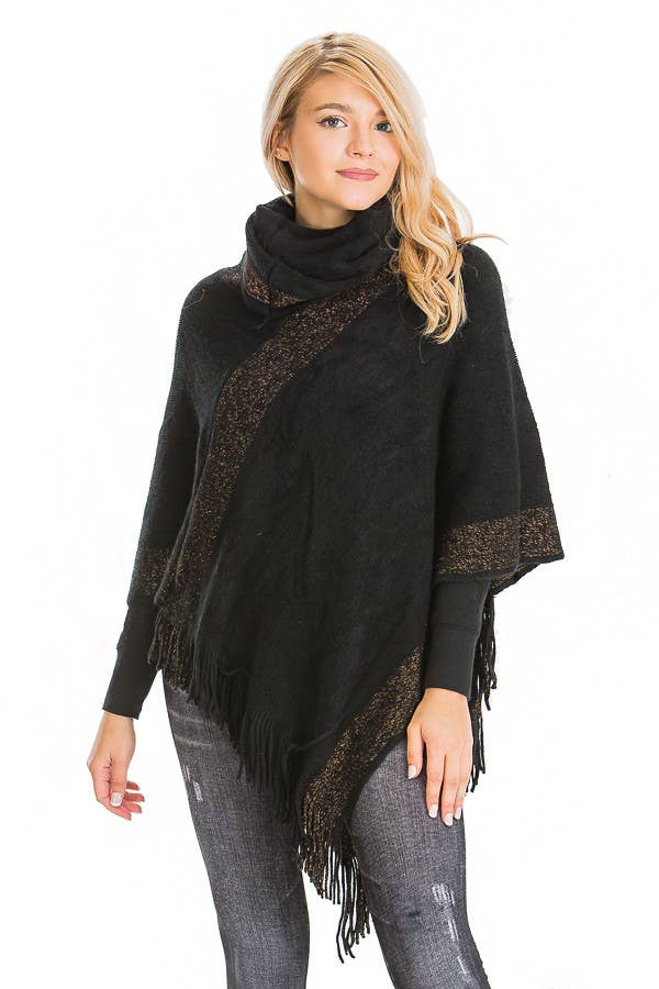 Cap Zone – wholesale Poncho – Women's – Tinsel Cowl Neck Fringed Poncho1