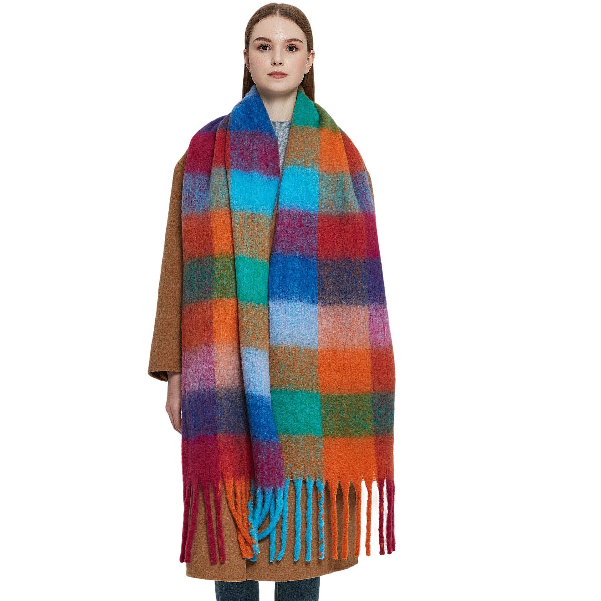 Dipped Shop - Wholesale Scarf - Women's - Coloful Plaid Tassel Scarves DPKS101265