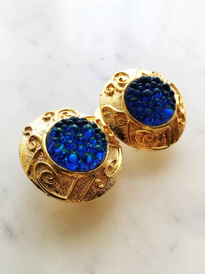 Rosa Blue Bubbles Gold Earrings for wholesale by Carmen Miller Jewellery