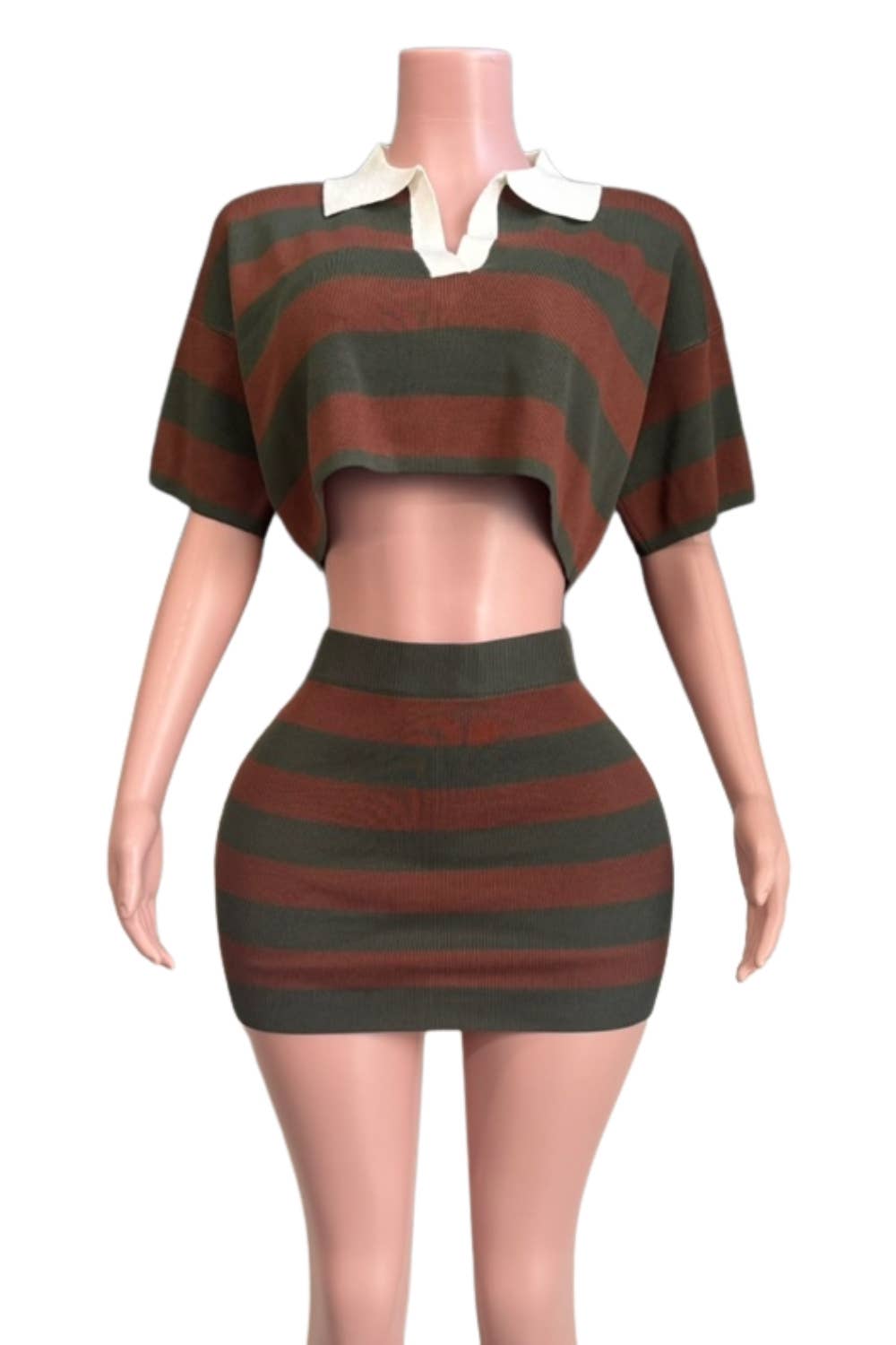 NEWGENS - Wholesale Activewear Set - Women's - NC2121A Striped Knit Polo Crop Top & Skirt Set1