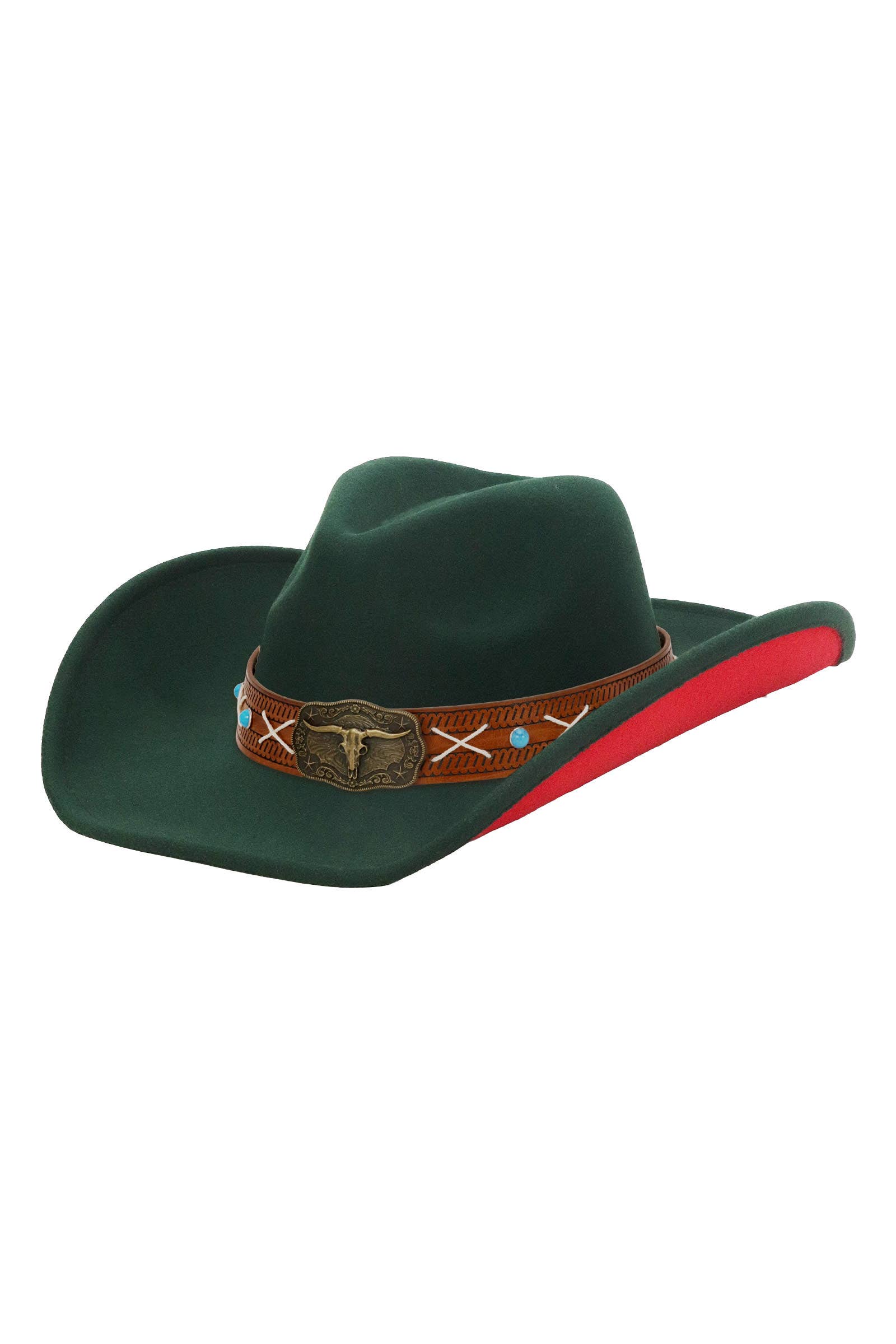 Cap Zone - Wholesale Cowboy Hat - Unisex - Longhorn Stitch Belt Two Tone Felt Cowboy Hat17