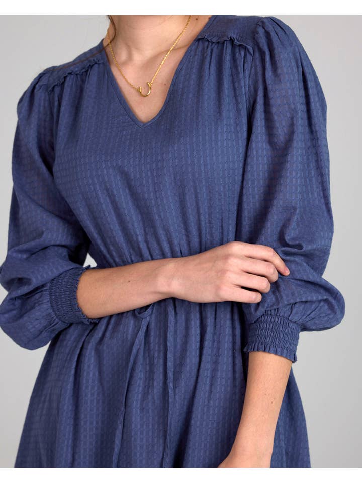 Cassidy Long Sleeve V-Neck Midi-Length Indigo Dress for wholesale on Faire