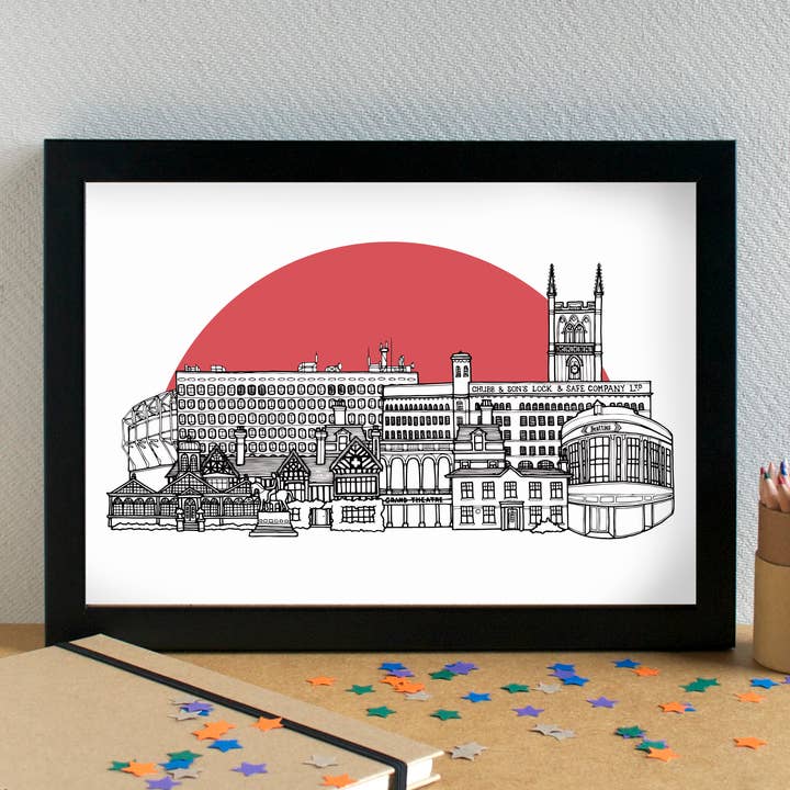 Impression artistique sur la ligne d'horizon de Wolverhampton, sans cadre pour la vente par Becka Griffin Illustration