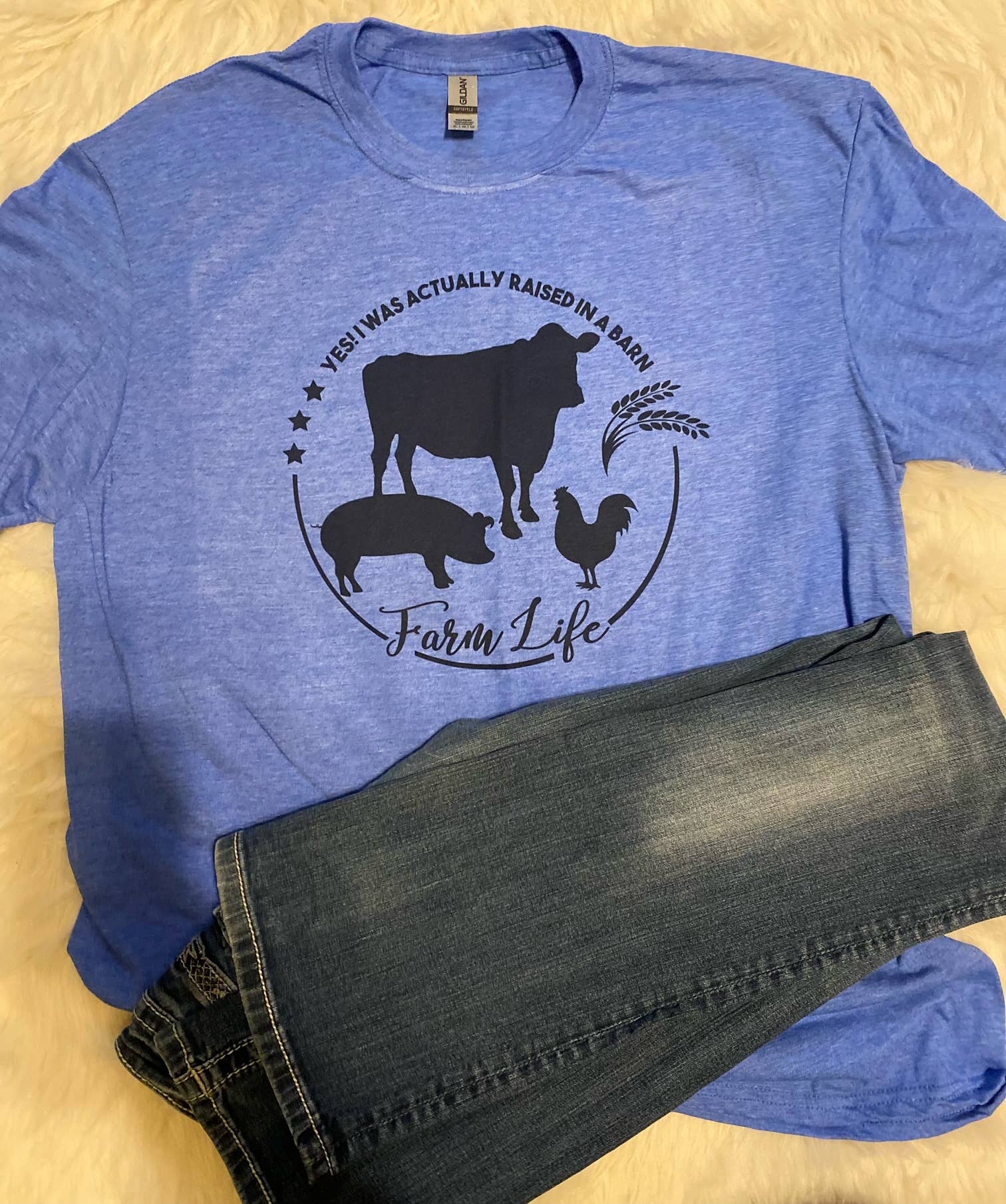 Neat Creations – wholesale Screen printed t-shirt – Women′s – Raised in a Barn Farm Life Sublimated Tee0