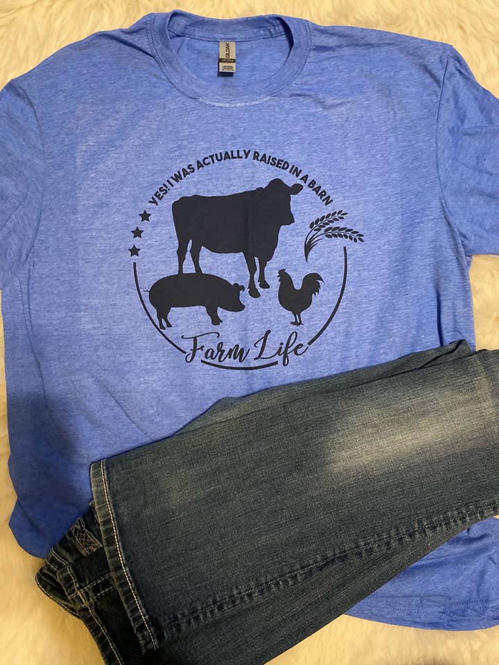 Neat Creations – wholesale Screen printed t-shirt – Women′s – Raised in a Barn Farm Life Sublimated Tee0