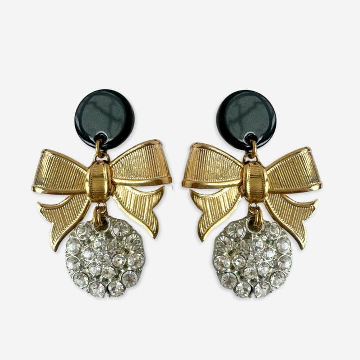 Vintage clear rhinestone button earrings with gold bows and black posts for wholesale by Lulu’s Petals