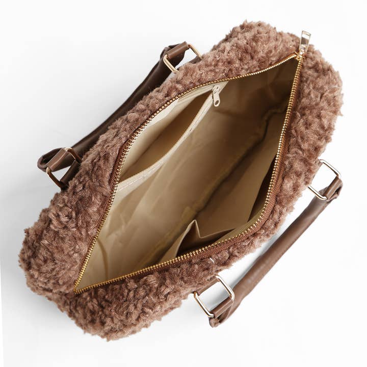 Brown Sherpa Mini Tote Handbag with Zipper Closure for wholesale on Faire1