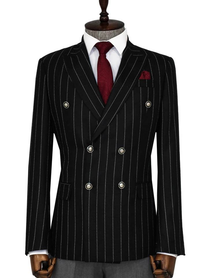 Blazer negro a rayas con doble botonadura y corte ajustado para hombre - Wessi para venta al por mayor de Wessi