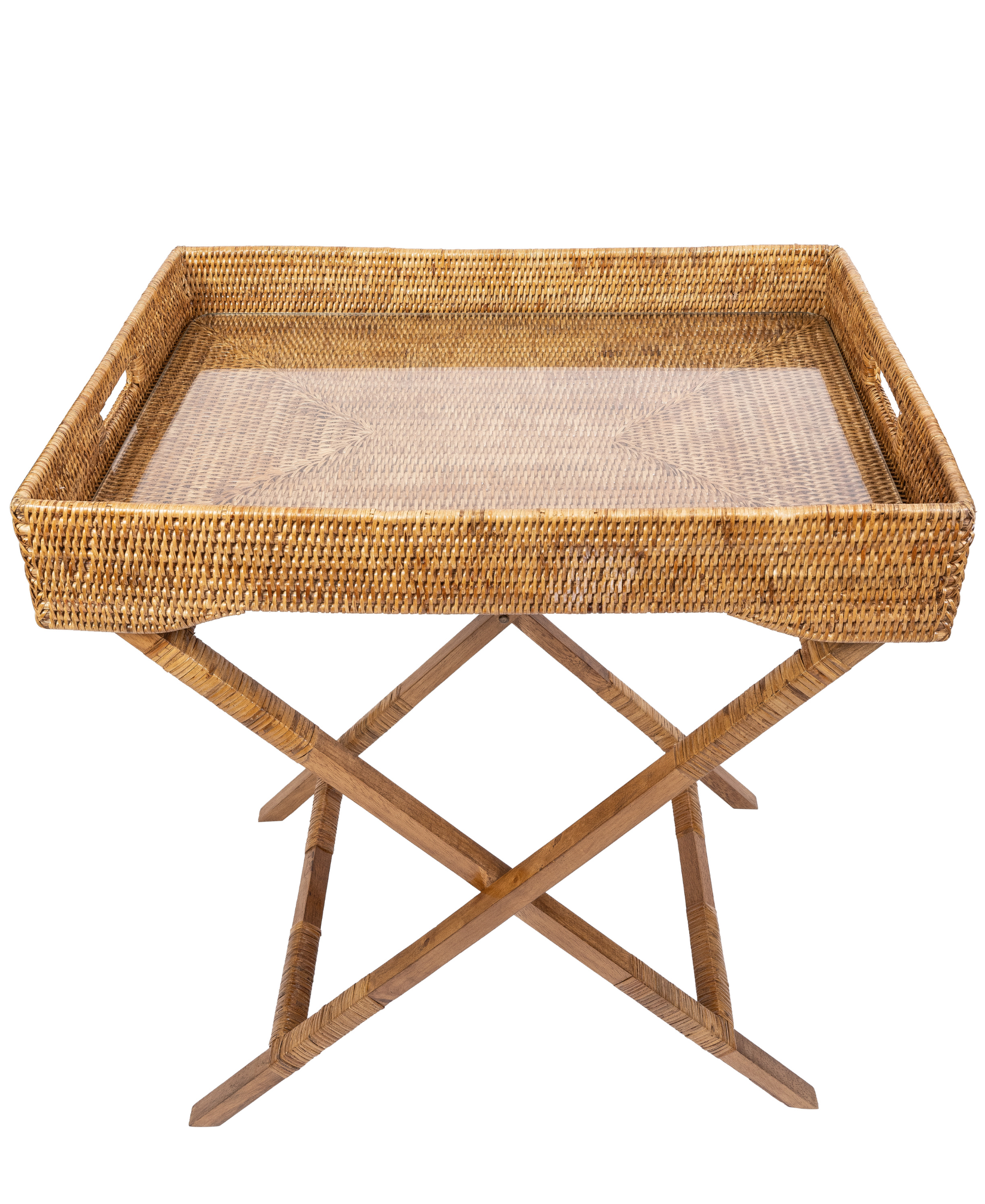 Artifacts Trading Company - Wholesale Serving Tray - Rattan Butler Tray Table with Glass Insert – Folding Table4