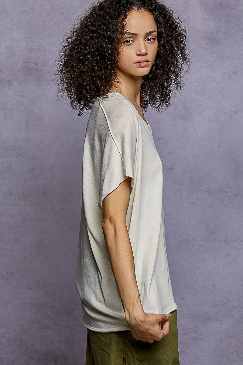 Pol Clothing - Wholesale T-Shirt - Women's - Oversized v-neck front pocket short sleeve solid top SALE7