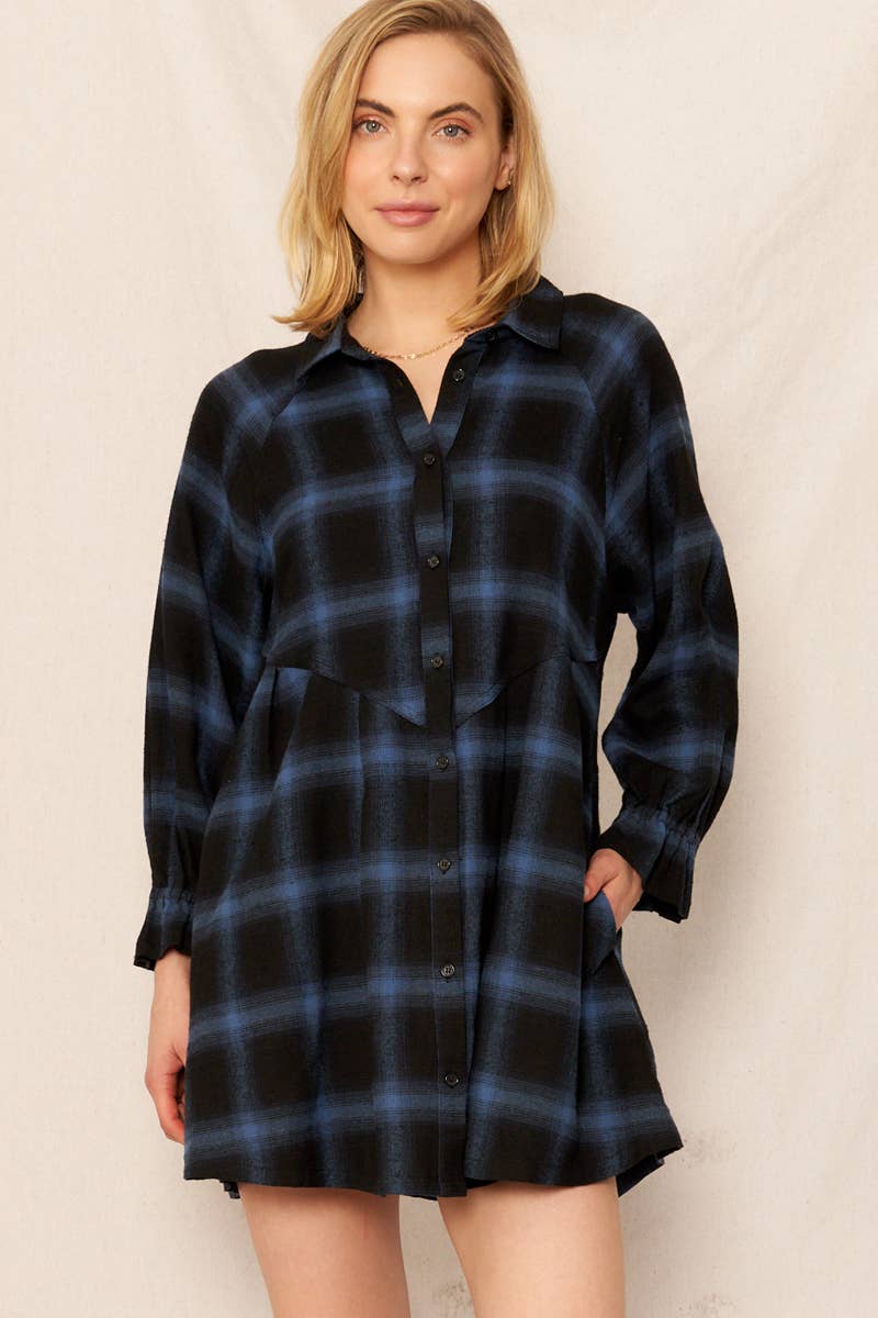 BLACK BLUE Plaid Button Down Dress for wholesale on Faire1