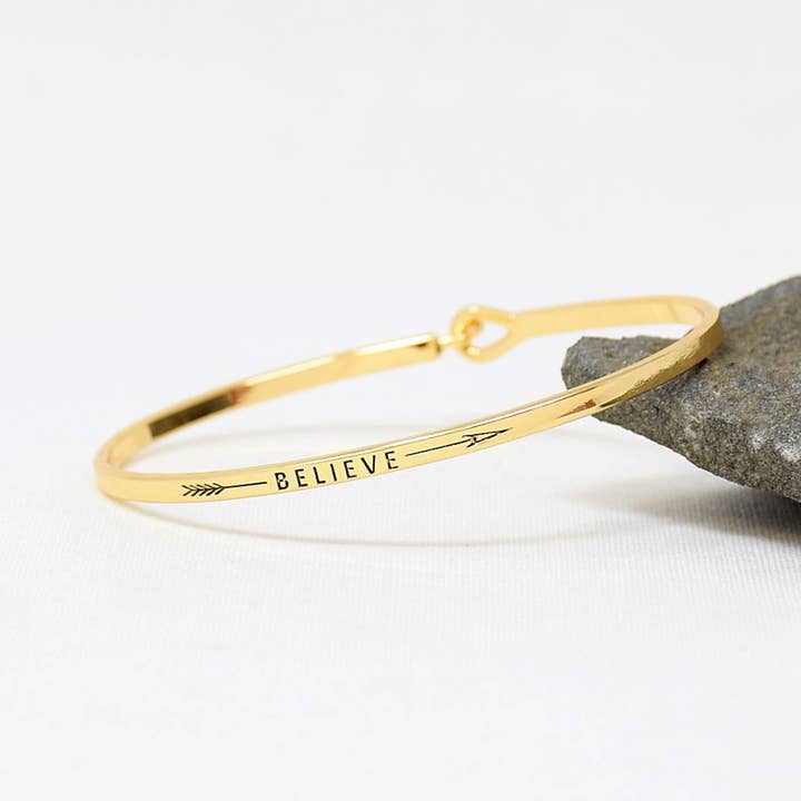 BELIEVE (ARROW) | Inspired Message Engraved Simple Bangle | for wholesale by Curated Trinkets