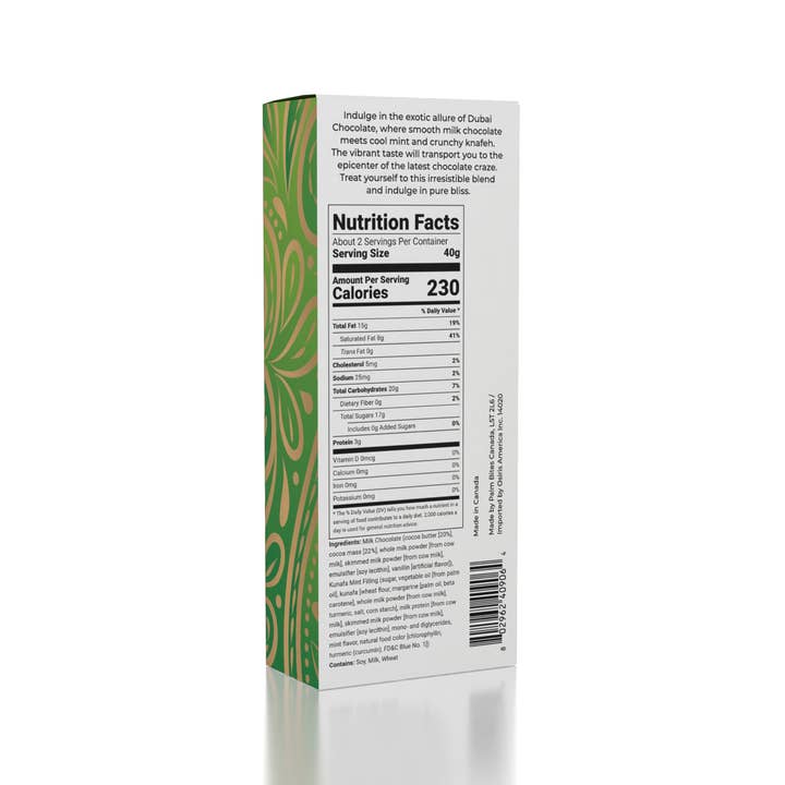 Showcase - Wholesale Chocolate Bar - Dubai Chocolate Bar Limited Edition Mint by Oasis Treasures (75g)