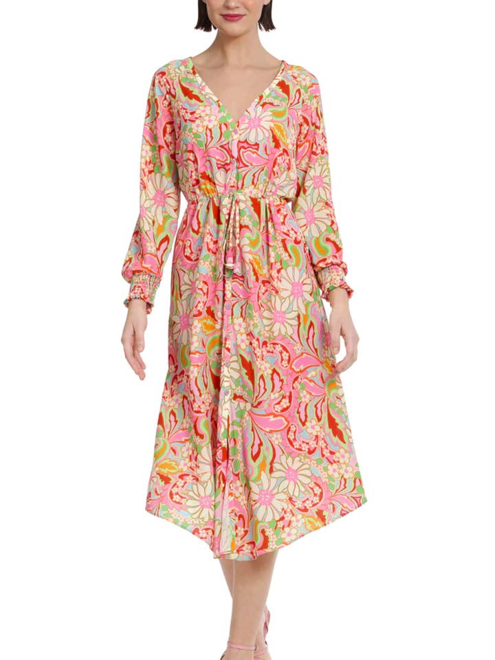 Robe midi fleurie à manches longues Donna Morgan pour la vente par New Yorker's Apparel