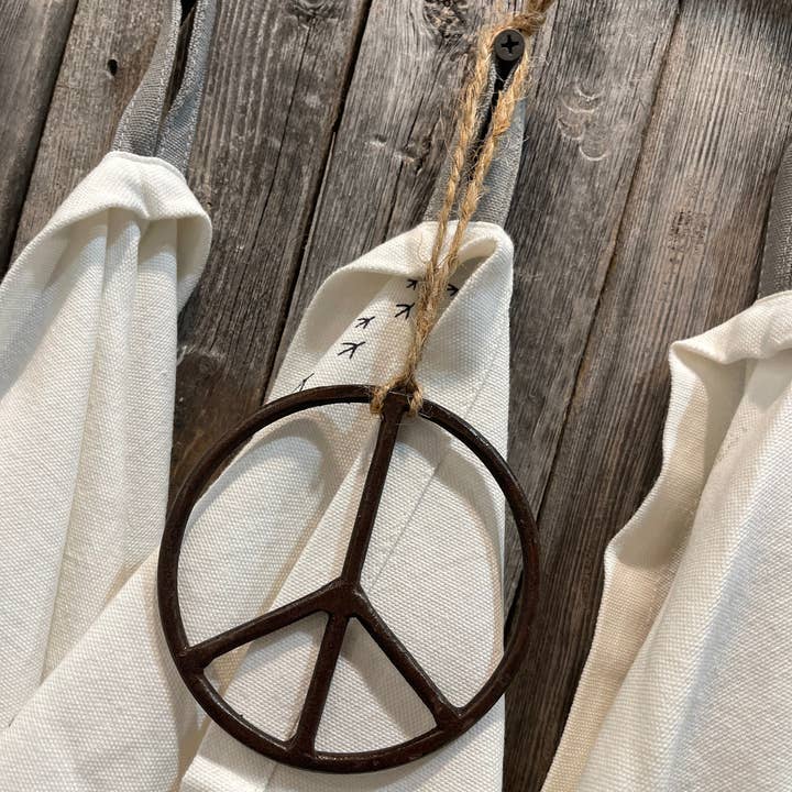 Metal Peace Sign Ornament with Jute String- Home Accent for wholesale by Sweet Gumball Inc.
