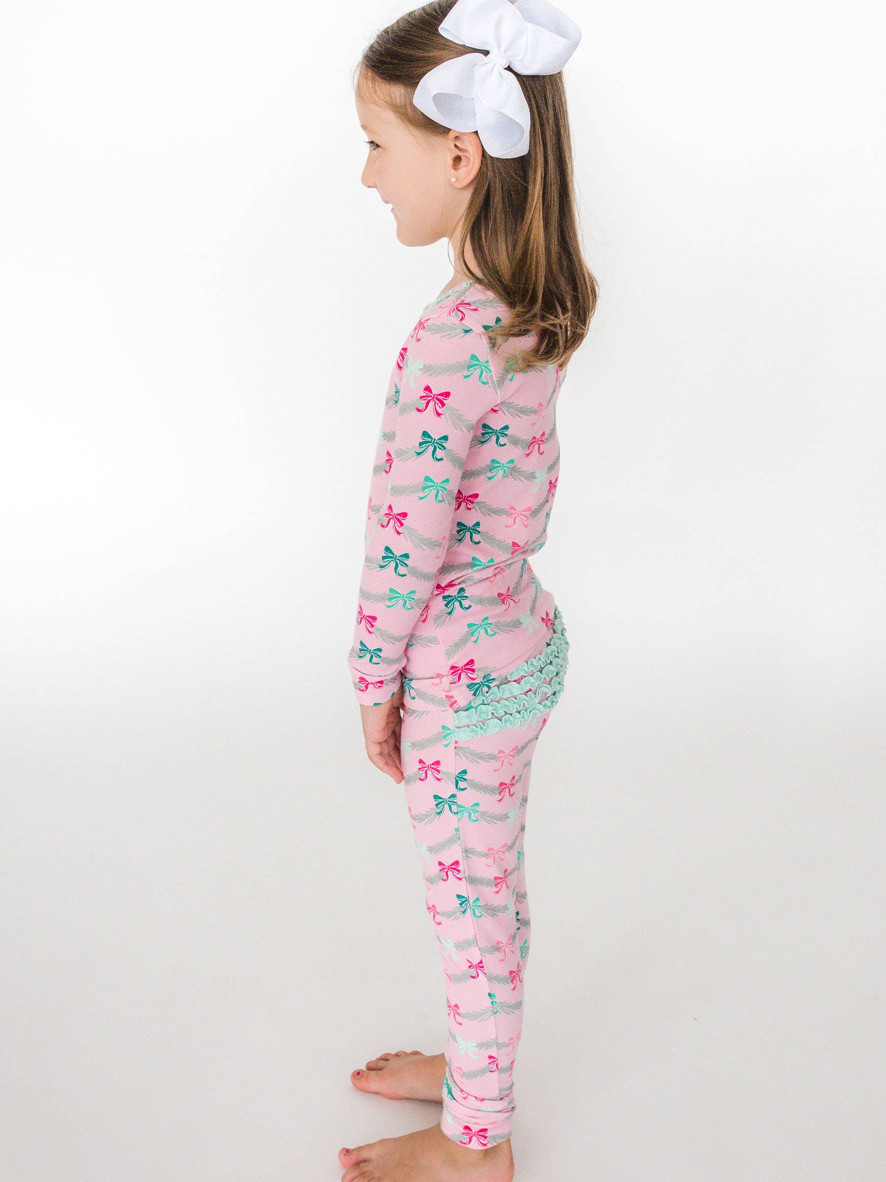 SoftSnooze™ Toddler Girls Cotton Modal Sparkle Pink Tinsel Tidings Ruffle Long Sleeve Pajama Set with Signature Rear Ruffles for wholesale on Faire2