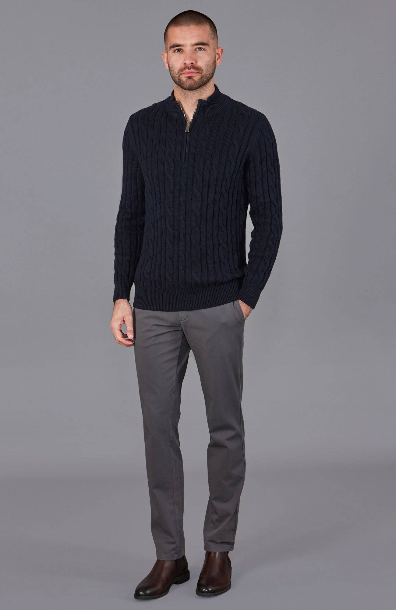 Paul James Knitwear – wholesale Knitted jumper – Men′s – Mens Midweight Cotton Cable Zip Neck Jumper13