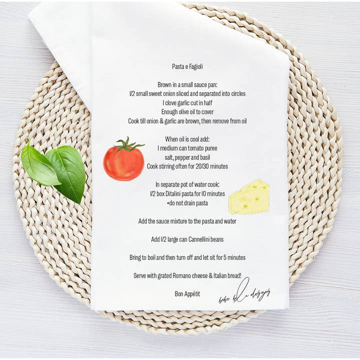 Pasta e Fagioli Tea Towel, Recipe Tea Towel, Fun Gift, Cute for wholesale by Bebe Blu Designs, LLC