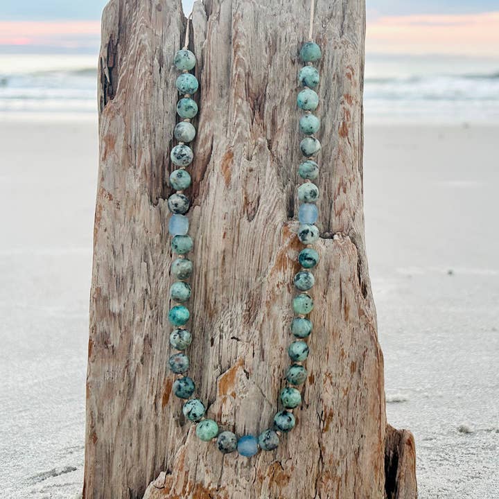 Apatite and Recycled Glass Adjustable Beaded Necklace for wholesale by River Of Humanity
