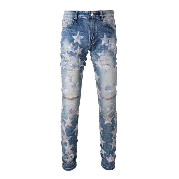 Men's Light Blue Ripped Denim Pants with Star Patchwork for wholesale by Rhinestone Belt Store
