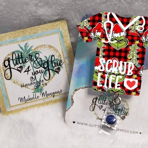 Glitter and Glue 4 You - Wholesale Badge Accessory - Women's - Grinch Face Scrub Top Nurse Life, Retractable Interchangeable Custom Badge, Doctors Office, Hospital, Scrub top, Medical, ID
