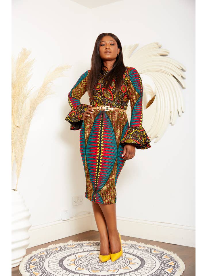 CUMO London - Wholesale Dress - Women's - African Print Long Sleeve Pencil Midi Dress - Otega2