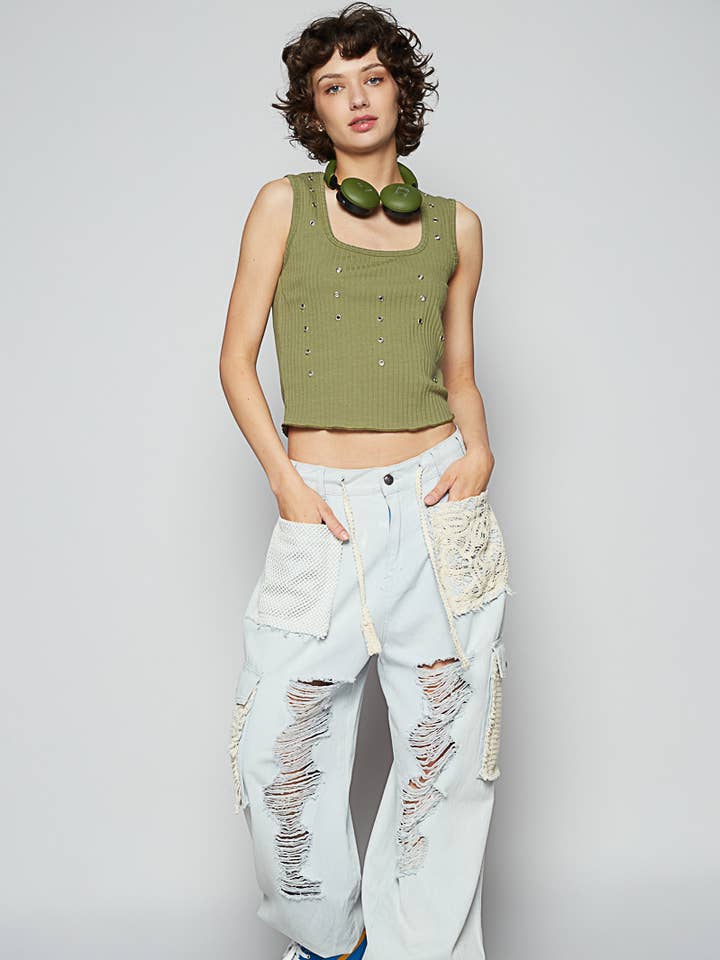 Pol Clothing - Wholesale Pants - Women's - Vintage wash crochet patches distress jogger pants SALE