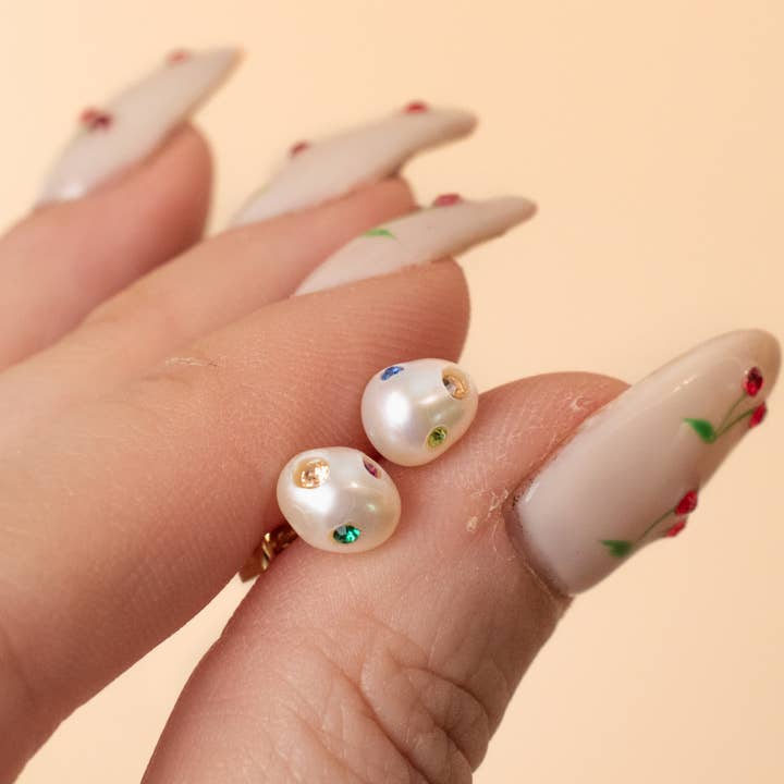 Cold Gold - Wholesale Stud/Post Earrings - The Aura Studs: Baroque Pearl and Rainbow Gemstone Earrings4