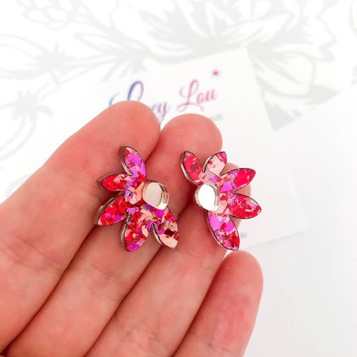 Lacey Lou Sparkles - Wholesale Stud/post earrings - Rose Glitter Bloom Acrylic Studs1