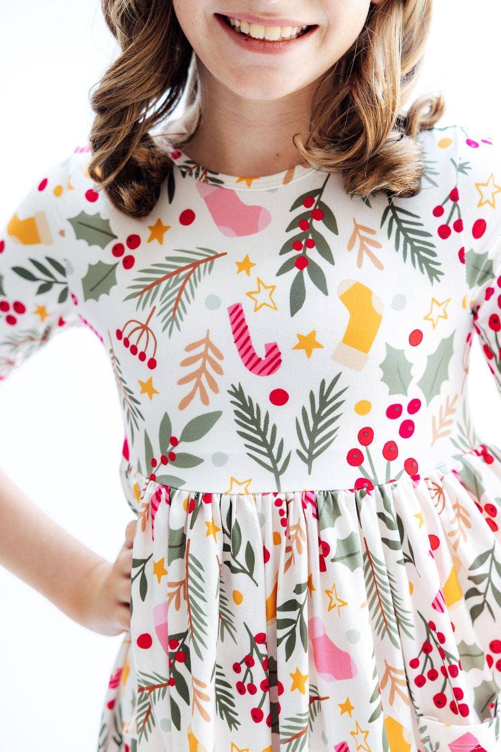 Mila & Rose - Wholesale Dress - Kids - Holly Jolly Christmas 3/4 Sleeve Pocket Twirl Dress2