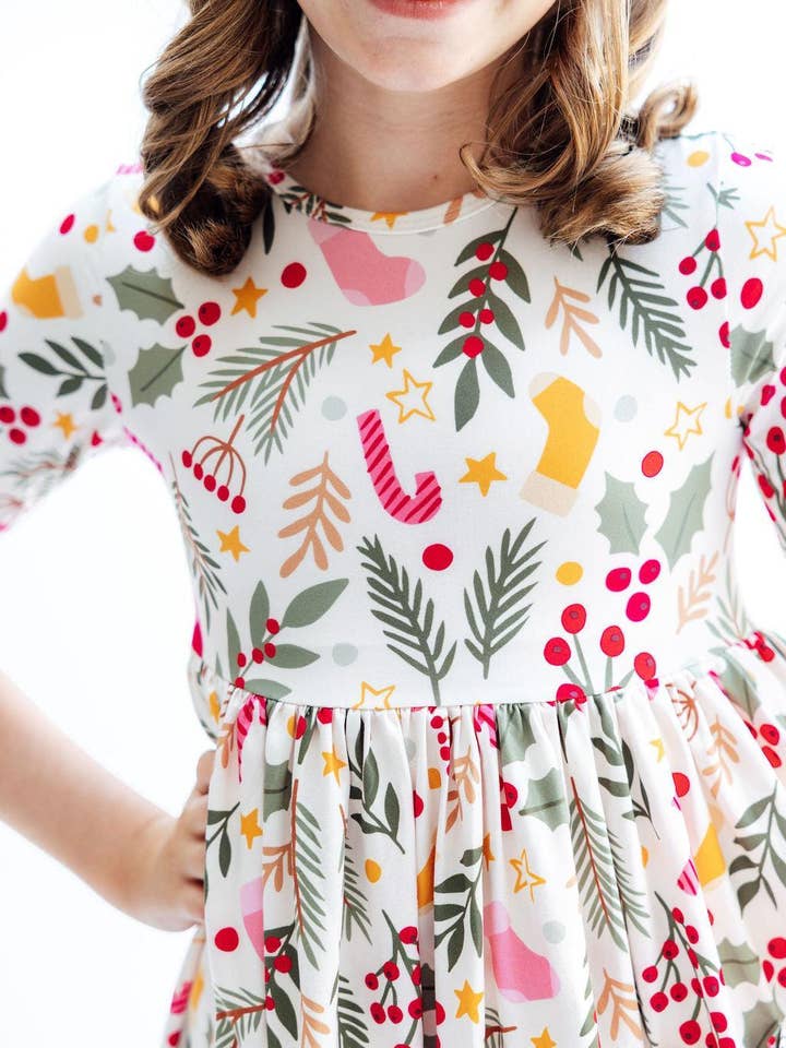 Mila & Rose - Wholesale Dress - Kids - Holly Jolly Christmas 3/4 Sleeve Pocket Twirl Dress2