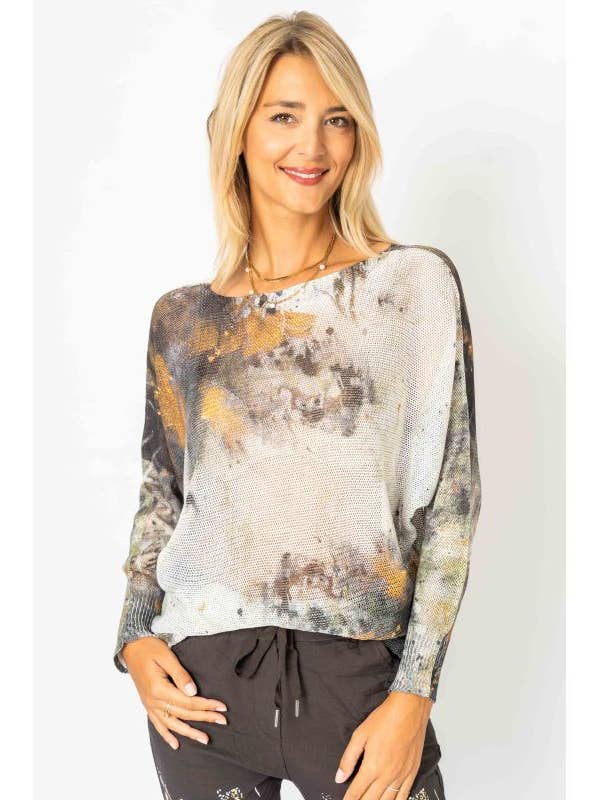 Maglione con pipistrello stampato a spruzzo di vernice per la vendita all'ingrosso da parte di Look Mode Usa