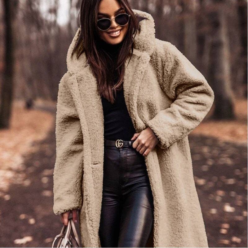 FurDecoration - Vente Manteau en fourrure/fausse fourrure – femme - Manteau long à capuche en peluche uni tendance9