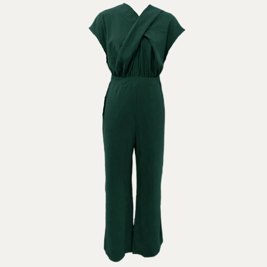 Shero Dark Green Solid Cross-Front Cap Sleeve Jumpsuit for wholesale on Faire0