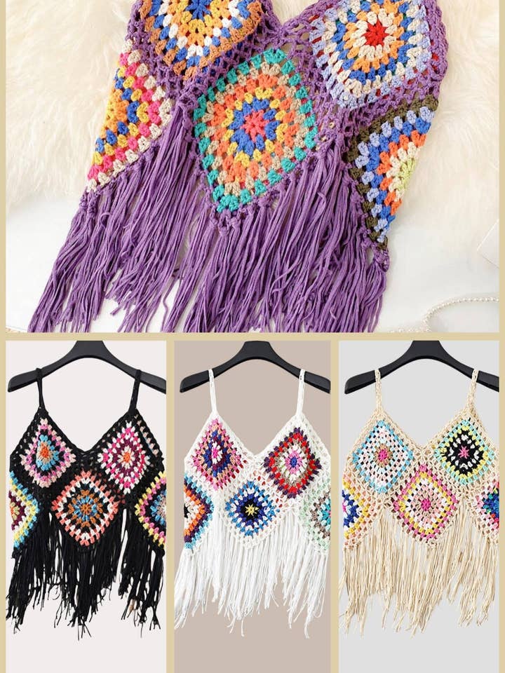 JC083602 Haut court à franges longues fait main au crochet pour la vente par JC Sunny Fashion