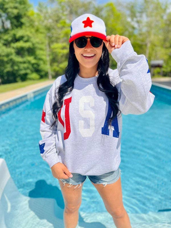 Dash Forward Wholesale - Wholesale Graphic Sweatshirt - Women's - USA Glitter Sweatshirt With Star Sleeve Details