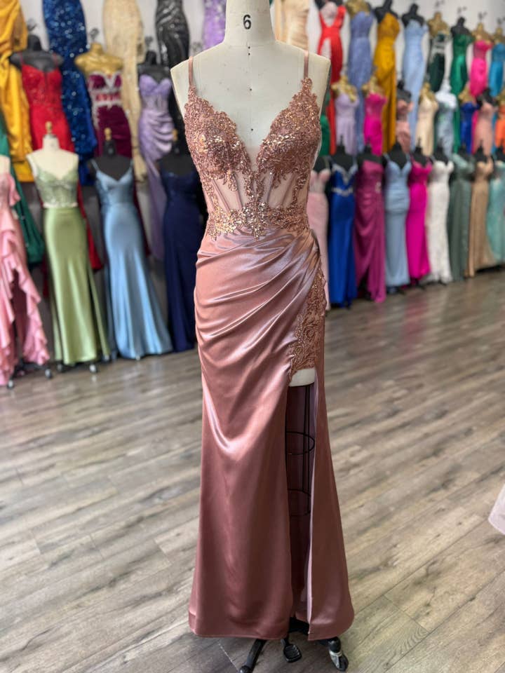 La Veneto - Wholesale Dress - Women's - Deep v-neckline, thin straps, embellished bodice & leg slit6