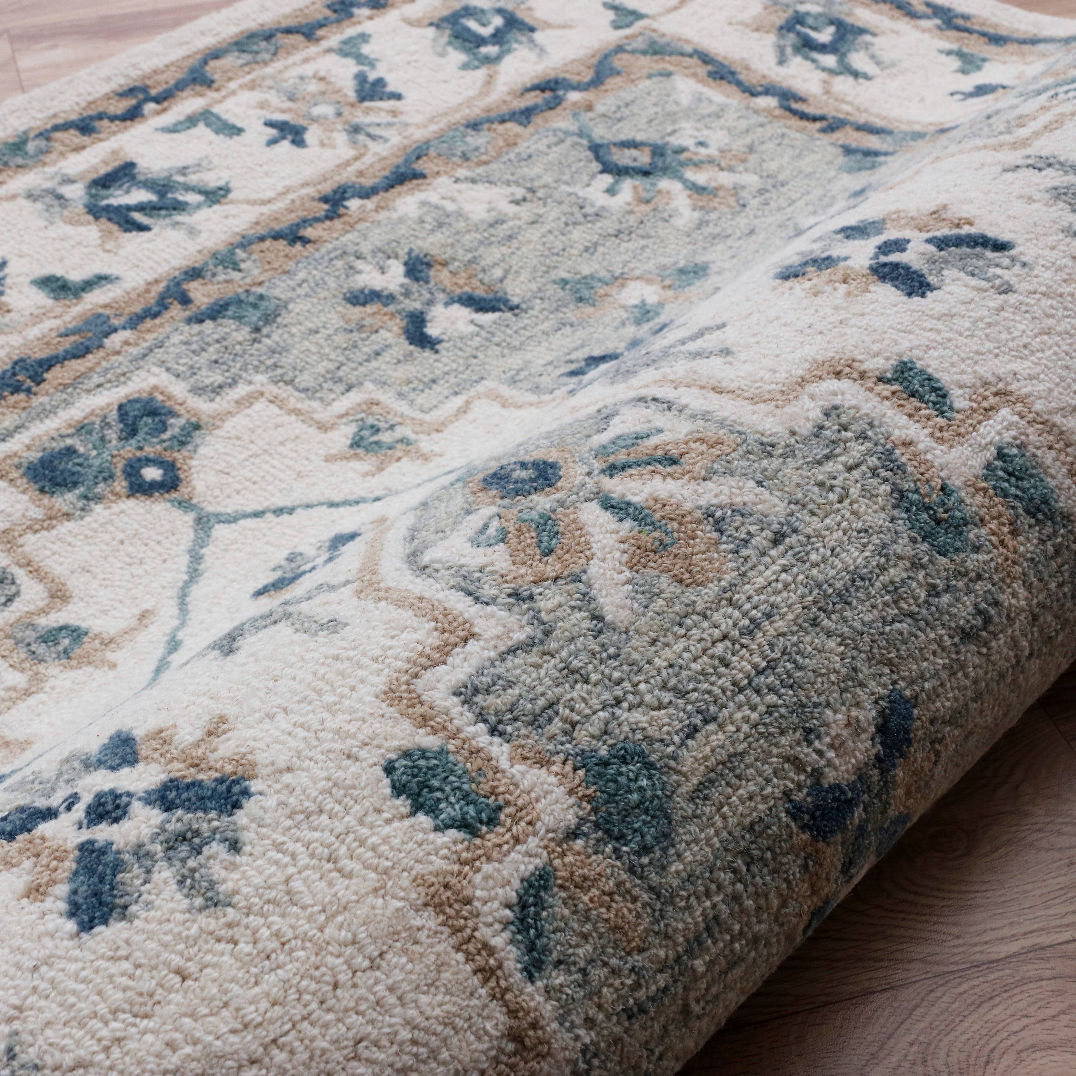 LR Home - Vente Tapis - Tapis d'intérieur en laine biologique à motif floral gris/ivoire traditionnel6