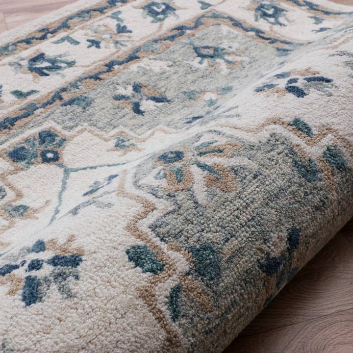 LR Home - Vente Tapis - Tapis d'intérieur en laine biologique à motif floral gris/ivoire traditionnel6