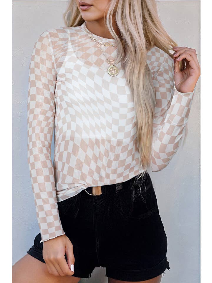 PartyEight - Wholesale Blouse - Women's - Checkered Pattern Mesh Mock Neck Long Sleeve Top