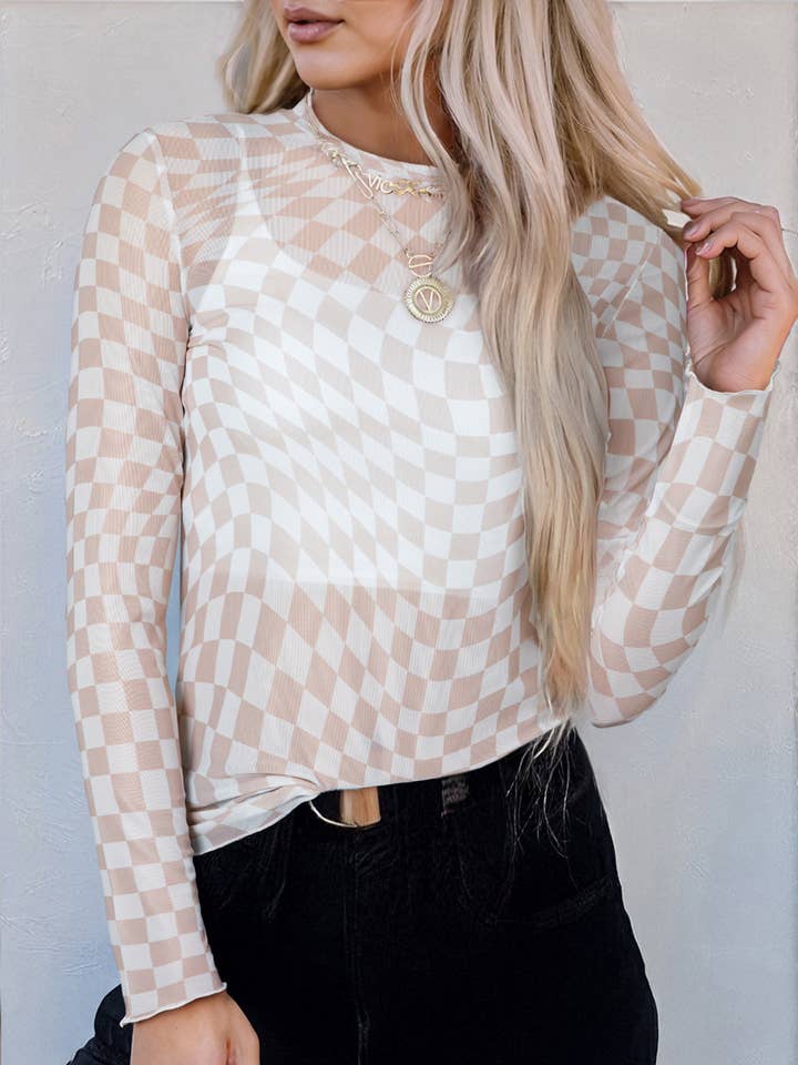 Checkered Pattern Mesh Mock Neck Long Sleeve Top and other Purchase Wholesale checkered undershirt. Free Returns & Net 60 Terms on Faire trending on Faire.