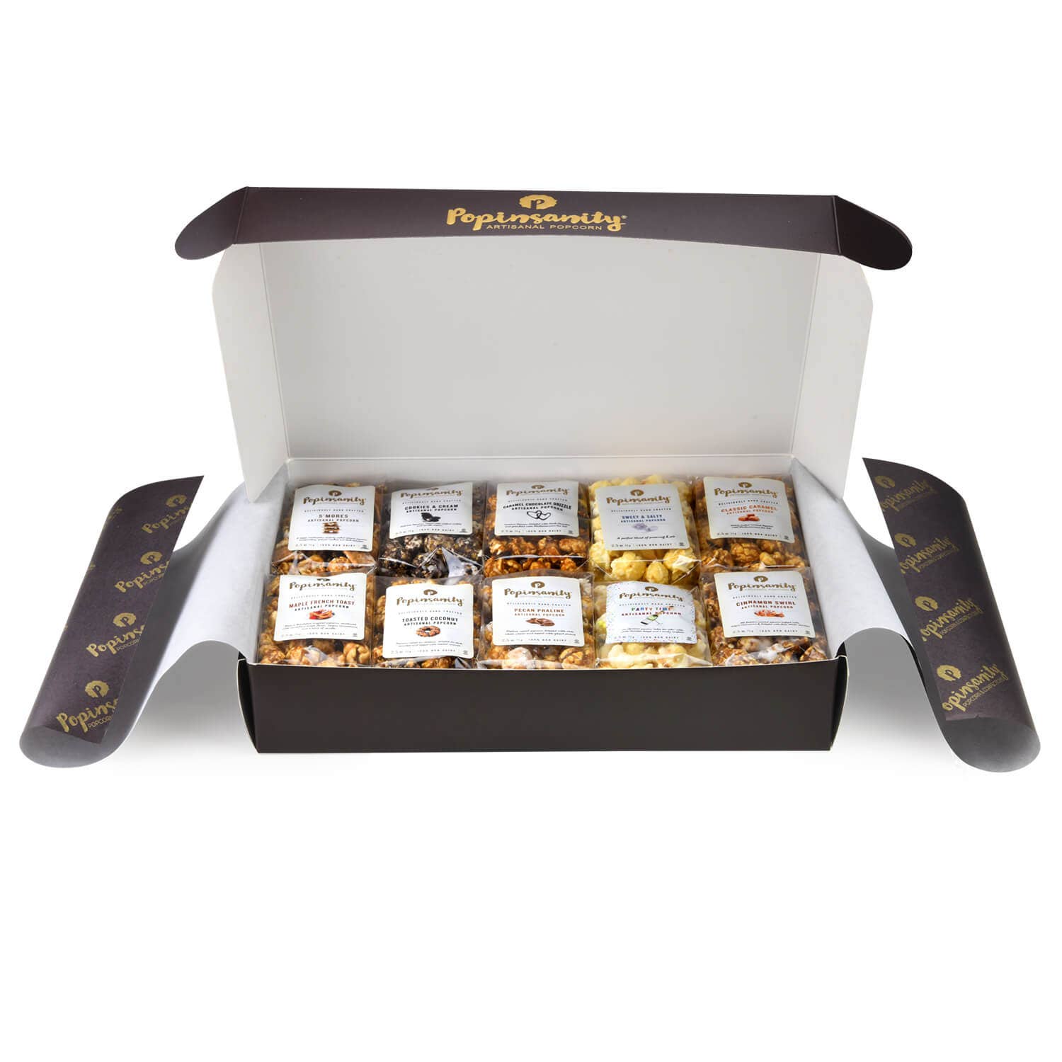 Popinsanity Popcorn & Confections – wholesale Popcorn – Gourmet Popcorn Sampler Gift Box | 10 Flavor Variety Taster1