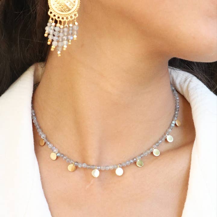Colar Gargantilha Labradorita com Moedas de Ouro por atacado de Bliss Vibez