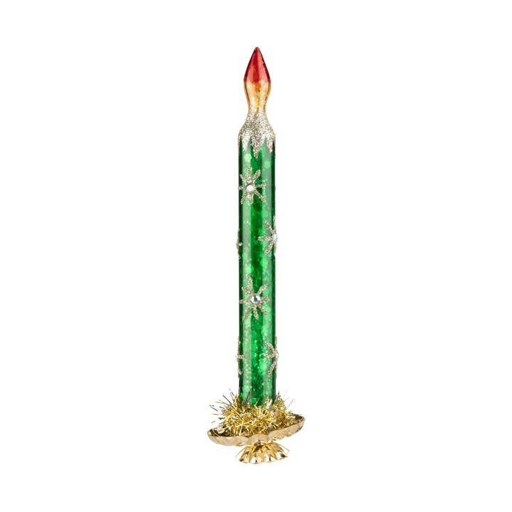 A63294: Glass clip on candle orn,green with gold stars,7in for wholesale by Silver Tree Home & Holiday